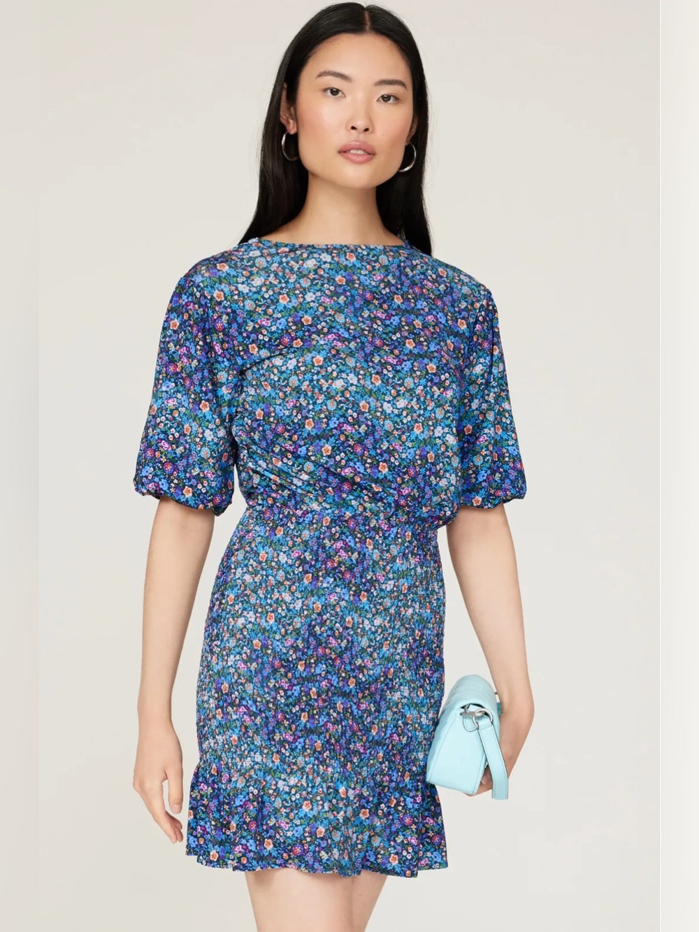 Sandro Paris "Pinelle" Smocked Floral Open Back Mini Dress